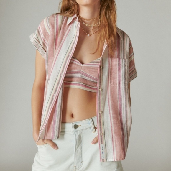 Lucky Brand Short Sleeve Striped Button Down Top Size XXL Like New Pink Tan - Picture 1 of 6